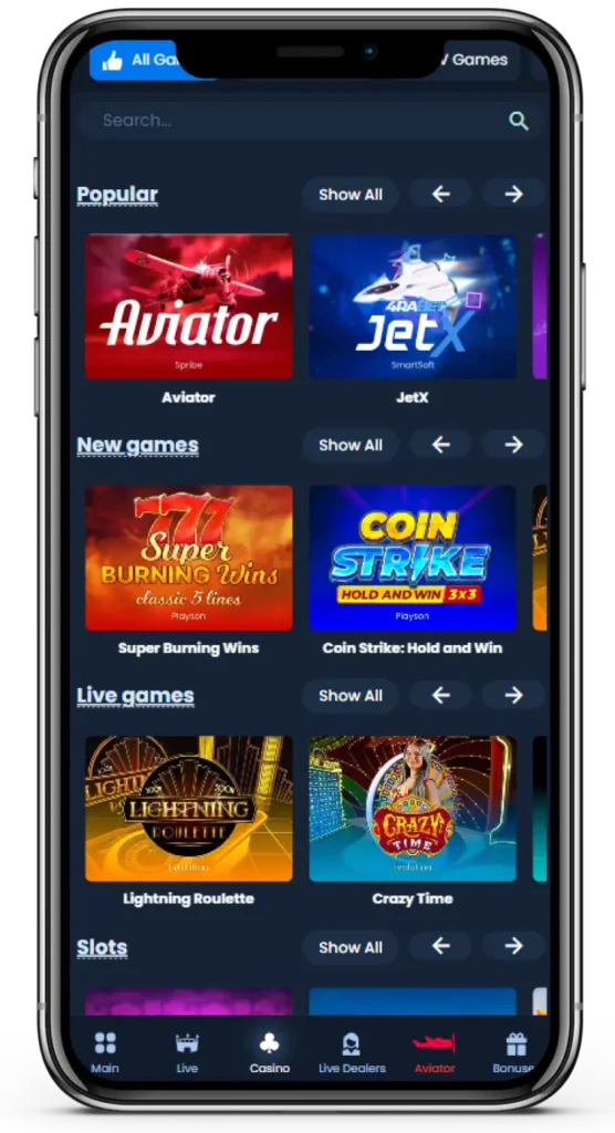 Section of 4rabet casino site with Aviator game